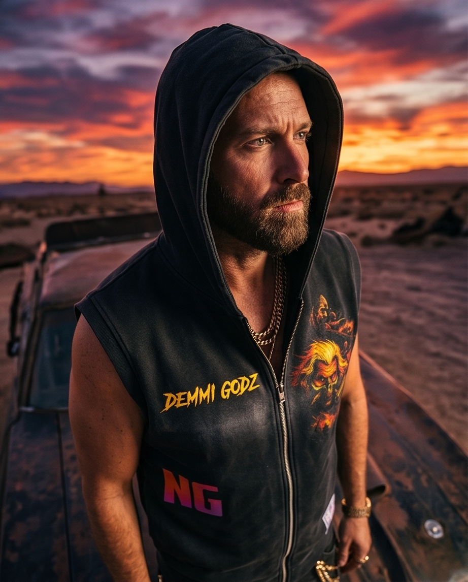 "Mad Max Swag" — Black Vintage Washed Oversized Zip-Up Hooded Tank Top (L)