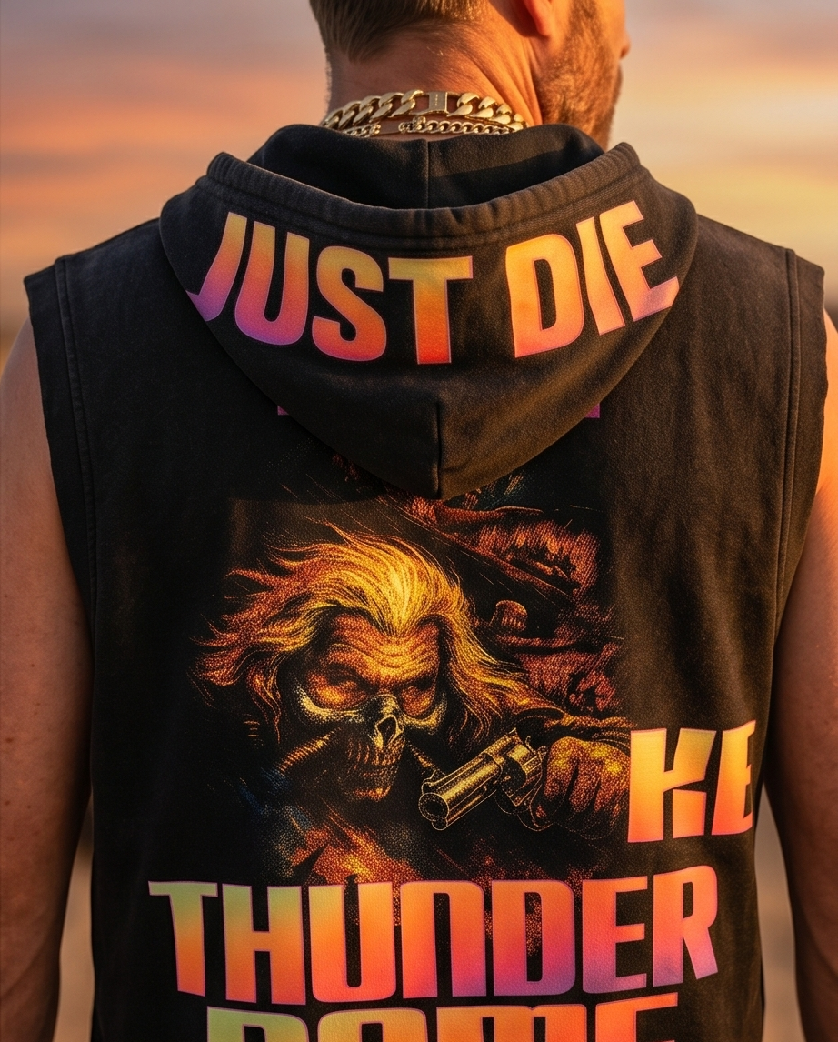 "Mad Max Swag" — Black Vintage Washed Oversized Zip-Up Hooded Tank Top (L)