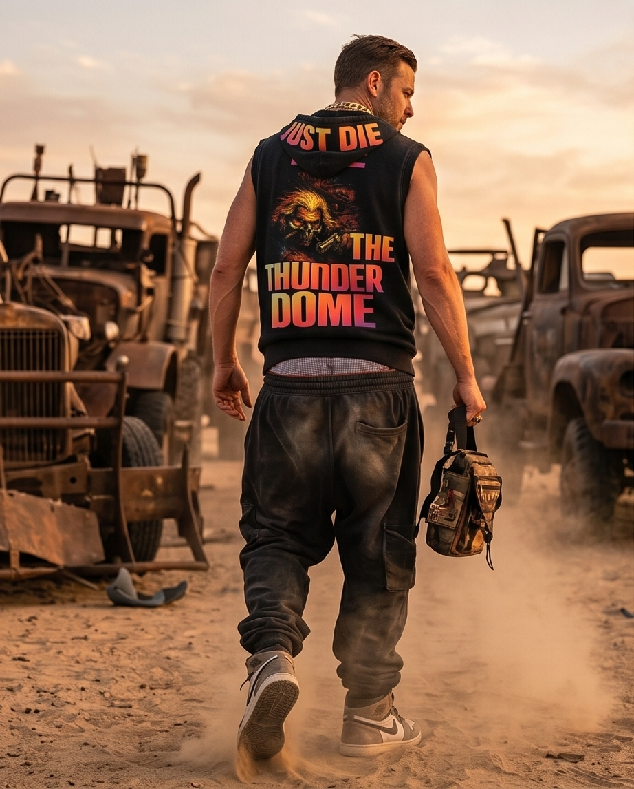 "Mad Max Swag" — Black Vintage Washed Oversized Zip-Up Hooded Tank Top (L)
