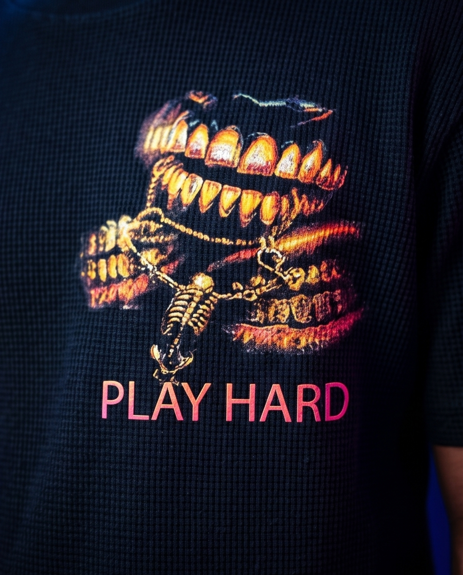"Play Hard" — Vintage Waffle Knit T‑Shirt (XL) • One‑of‑a‑Kind Streetwear