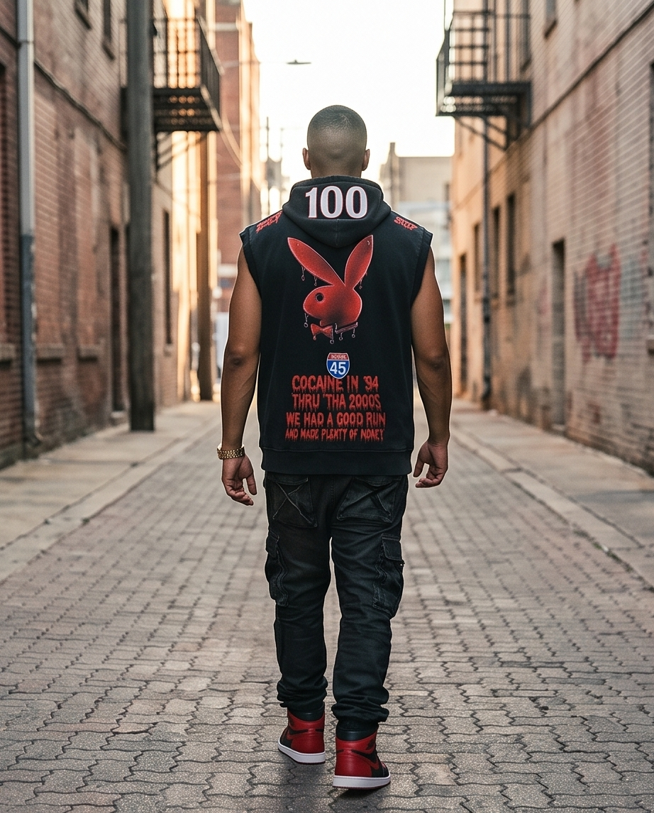 "Million Dollar Game" — Black Vintage-Washed Zip-Up Hooded Tank Top (XL) — Oversized