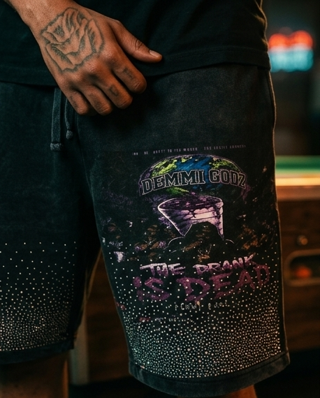 One-of-a-Kind Black Vintage Washed Streetwear Shorts — Large — "Purple Texas"