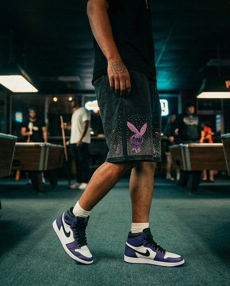 One-of-a-Kind Black Vintage Washed Streetwear Shorts — Large — "Purple Texas"