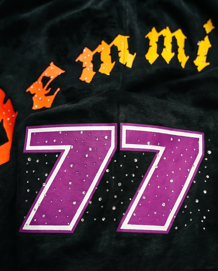 "Demmi Godz - 1977" Black Vintage Washed Rhinestone Shorts — Medium | One-of-a-Kind Streetwear