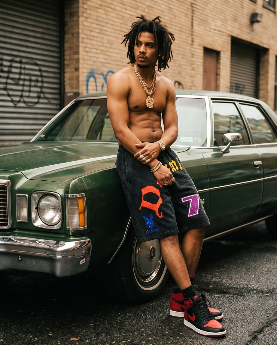 "Demmi Godz - 1977" Black Vintage Washed Rhinestone Shorts — Medium | One-of-a-Kind Streetwear