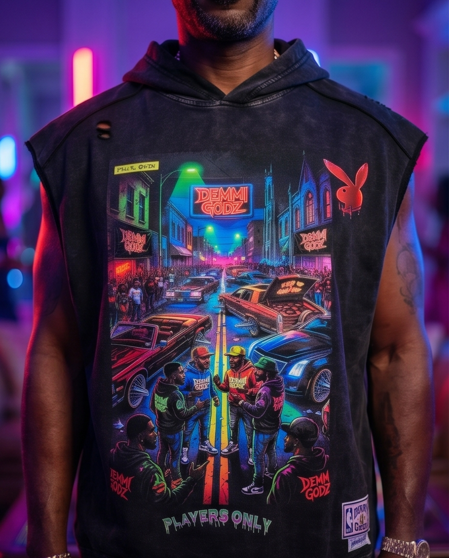 "Texas Car Show" — XL Black Sleeveless Hoodie, Snow-Washed (One-of-a-Kind Streetwear)