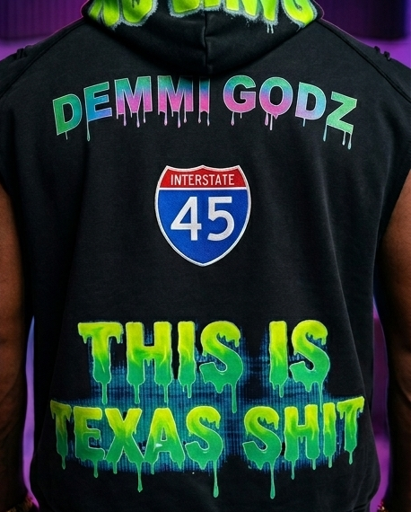 "Texas Car Show" — XL Black Sleeveless Hoodie, Snow-Washed (One-of-a-Kind Streetwear)