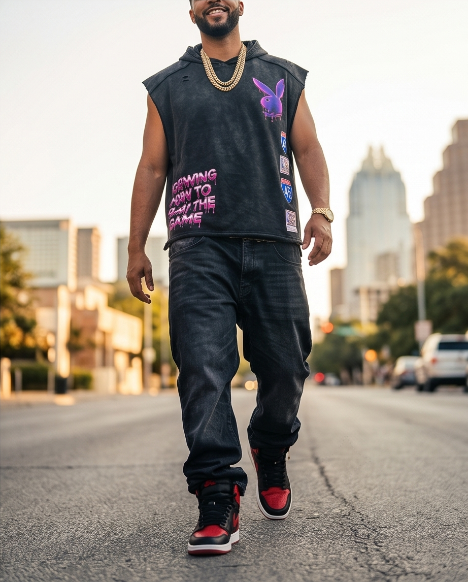 "Hustler Playboy Drip " — Black Snow-Washed Oversized Sleeveless Hoodie (XL)