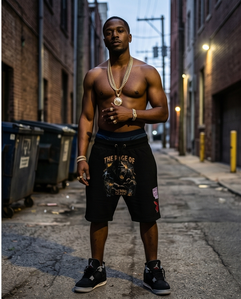 "Rage of Demmi Godz" — One-of-a-Kind Black Urban Streetwear Shorts (M)