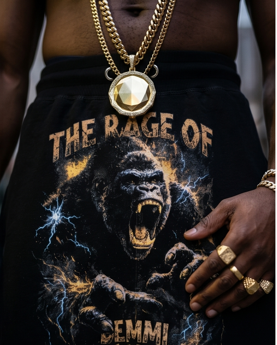 "Rage of Demmi Godz" — One-of-a-Kind Black Urban Streetwear Shorts (M)