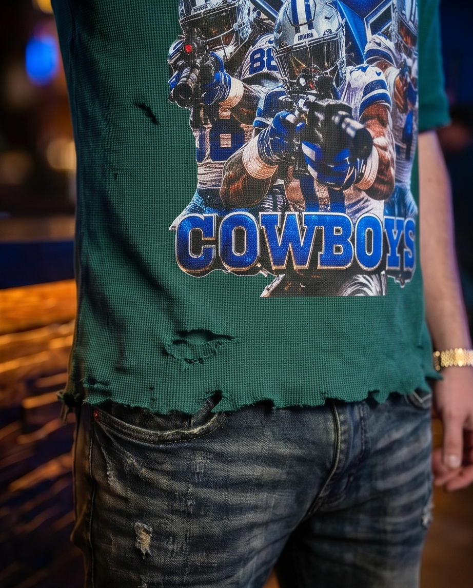 Green Waffle Knit Heavyweight T‑Shirt — Medium — Streetwear “Cowboys Attack” (One‑of‑a‑Kind, Distressed)