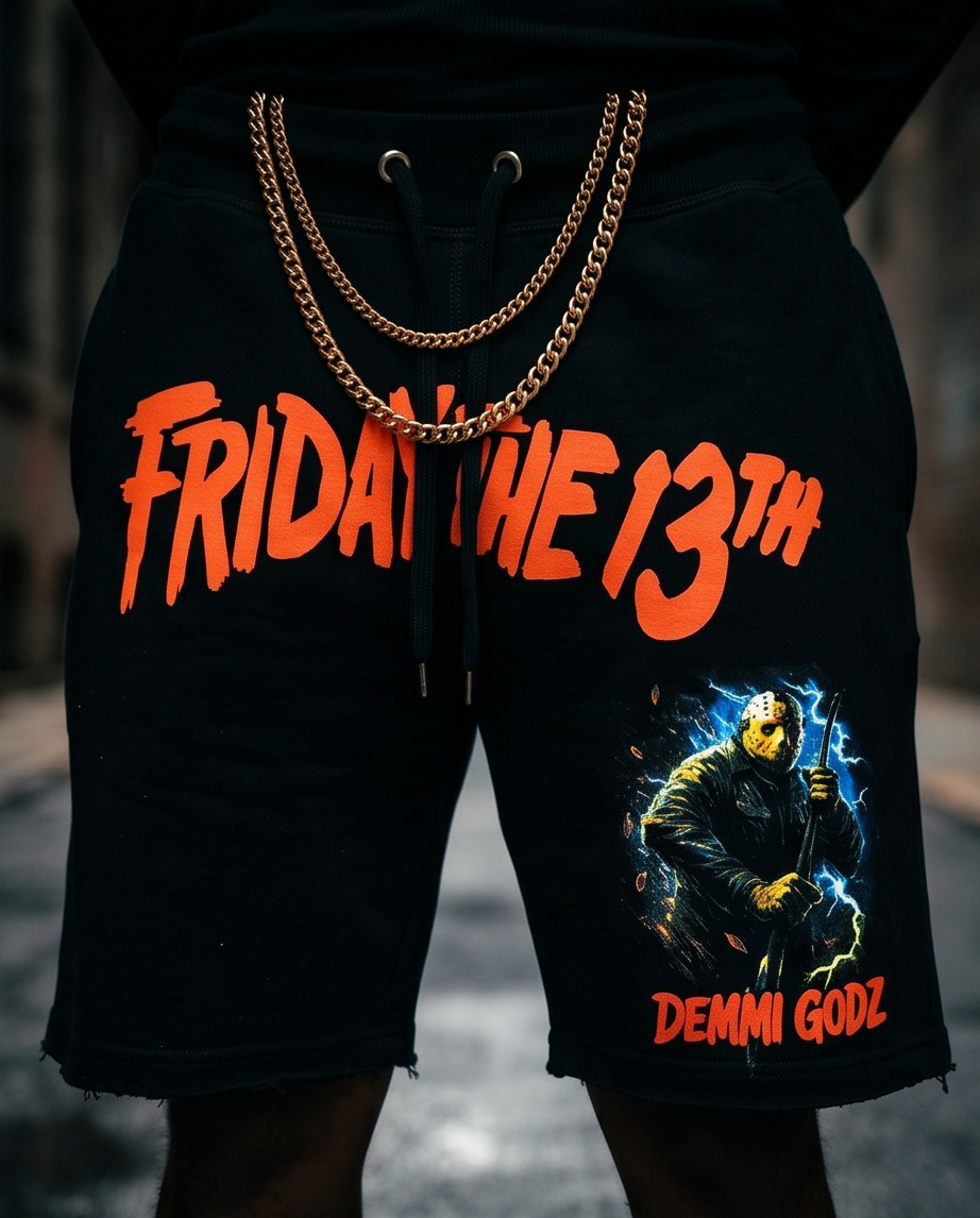 "Demmi Godz Friday 13th" — Black Heavyweight Streetwear Shorts (M) — One of a Kind