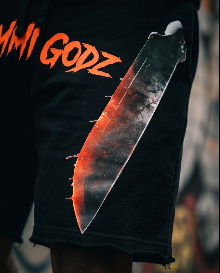 "Demmi Godz Friday 13th" — Black Heavyweight Streetwear Shorts (M) — One of a Kind