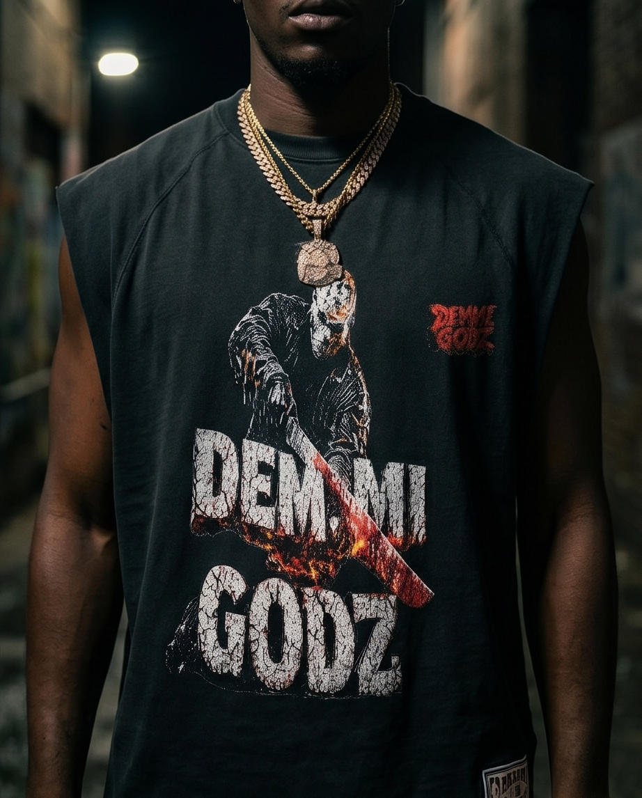 Black Snow Washed Men’s Cut-Off Shirt —  Oversized XLarge — “Slashing Demmi Godz”