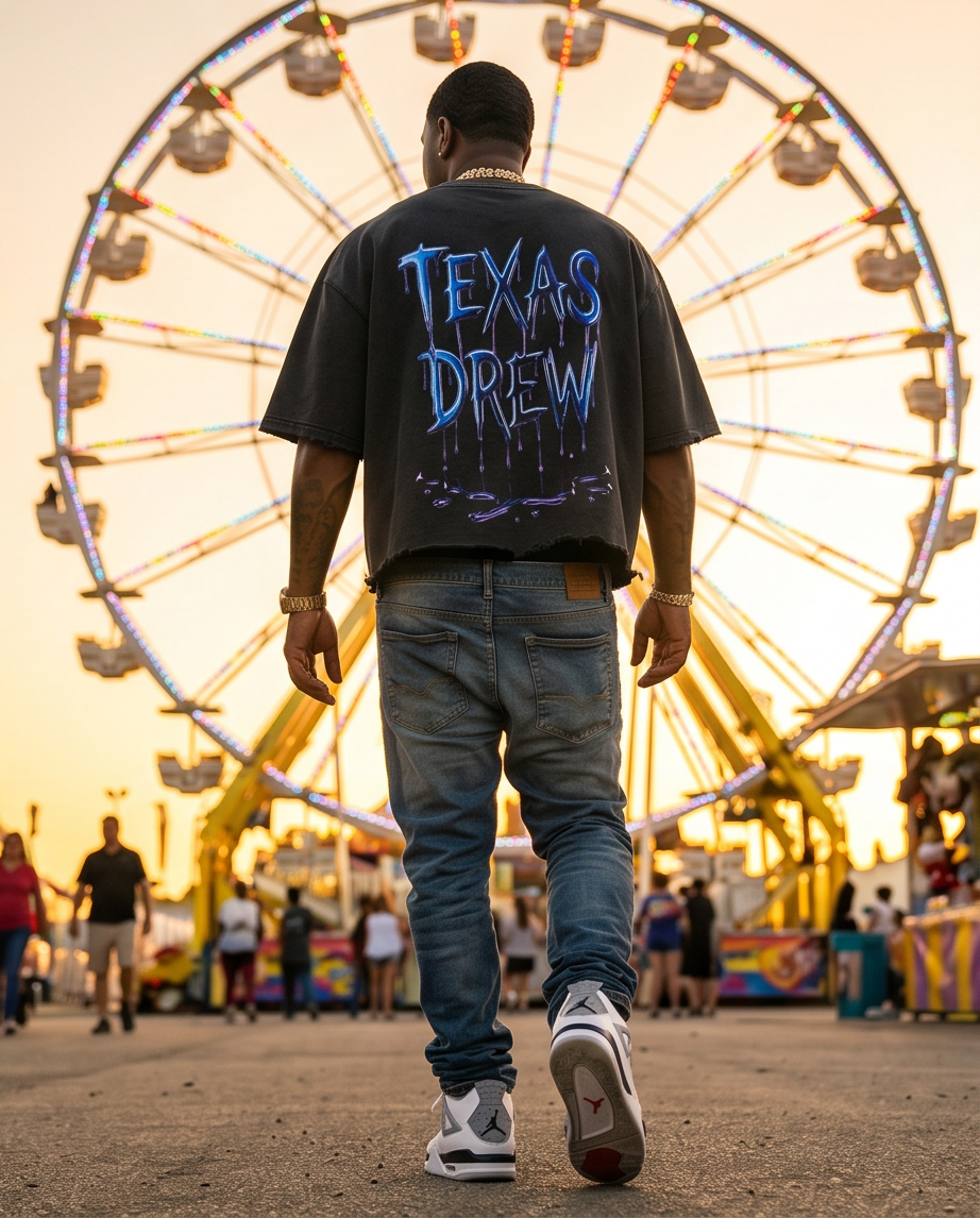 Black Snow Washed Oversized Crop Tee — Size L — “Texas Drew Blood” — One‑of‑a‑Kind Streetwear