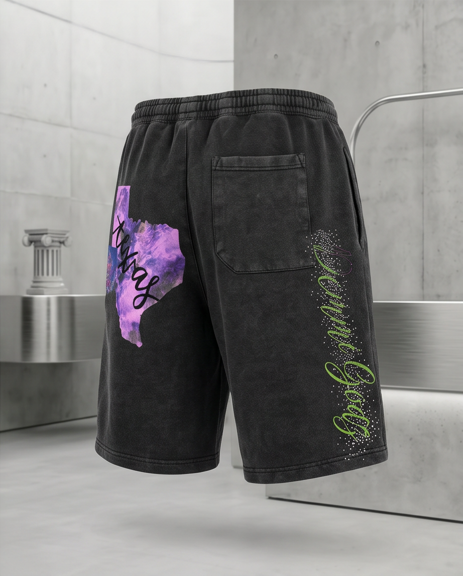 One-of-a-Kind Black Vintage Washed Streetwear Shorts — Large — "Purple Texas"