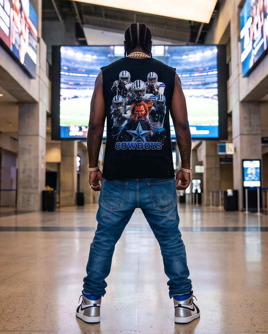 "Chucky With The Cowboys" — One-of-a-Kind Black Snow-Washed Raw-Hem Tank (L)