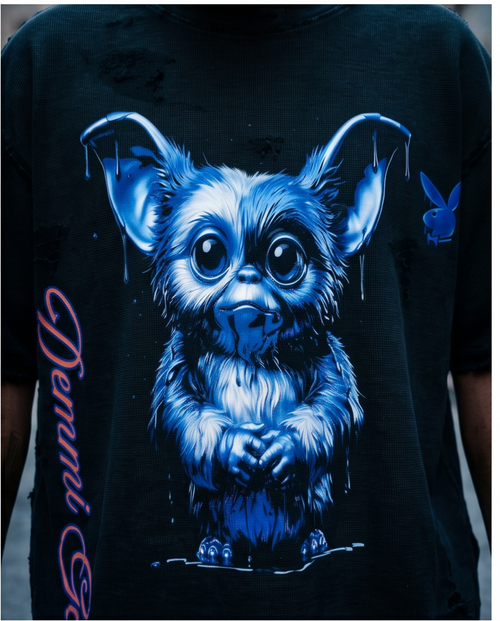 "Blue Drip'in Gizmo" — Black Mineral-Washed Oversized Waffle Knit Tee (2XL) — Distressed One-of-a-Kind