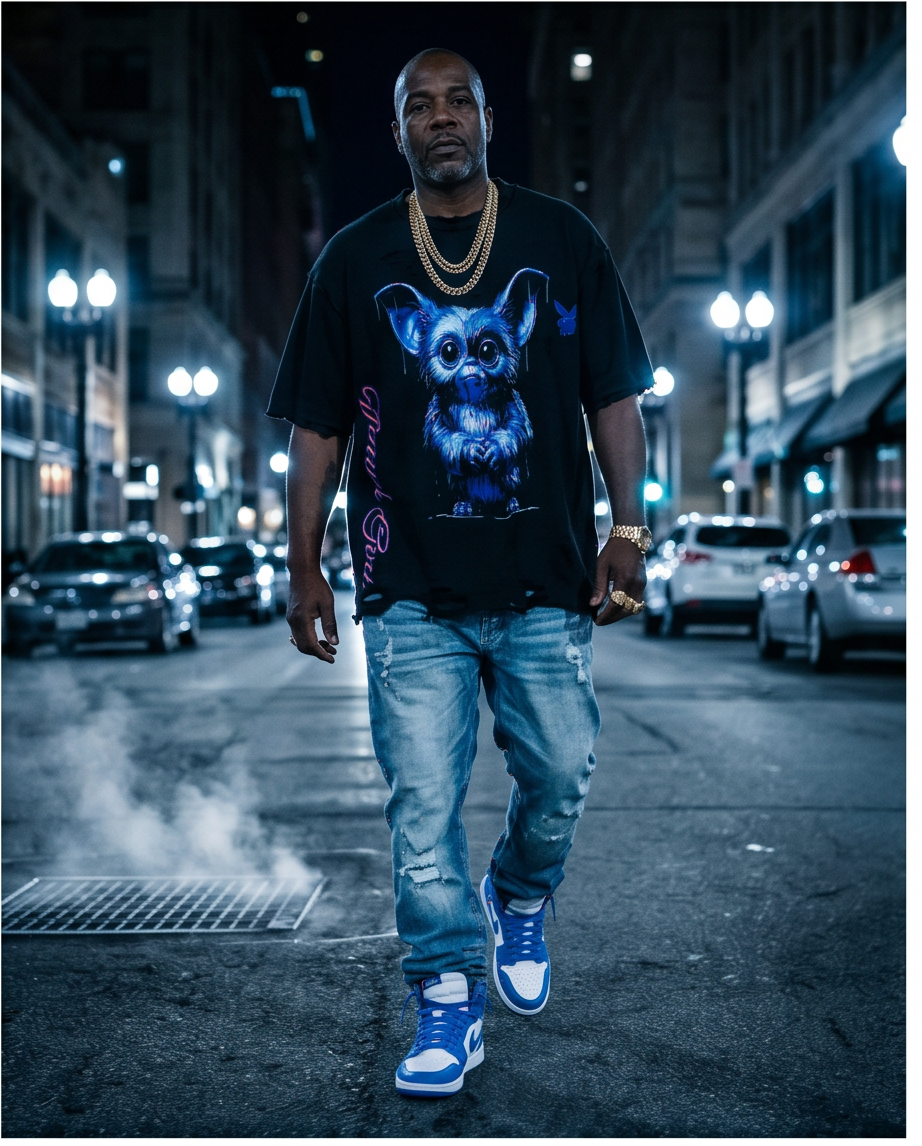 "Blue Drip'in Gizmo" — Black Mineral-Washed Oversized Waffle Knit Tee (2XL) — Distressed One-of-a-Kind
